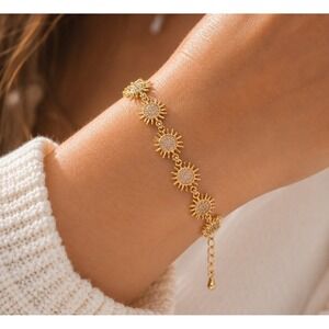 Gold Sun Charm Bracelet Rhinestone Link Chain Adjustable Boho Bracelet